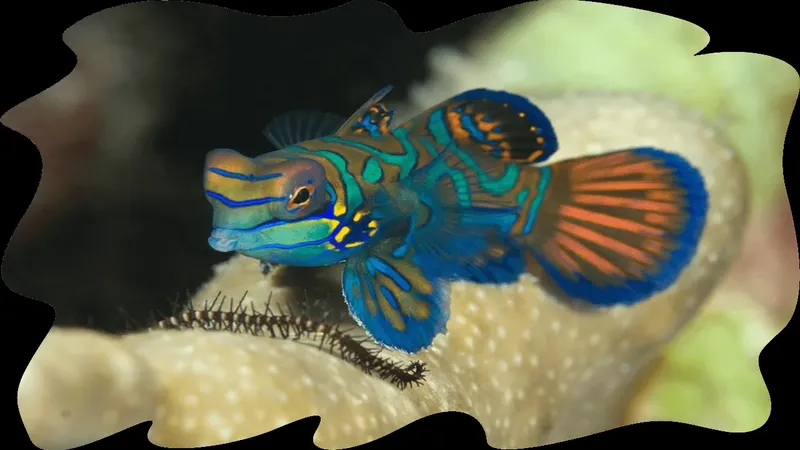 Mandarin fish coloré sur un corail, photographie sous-marine détaillée