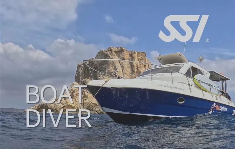 Bateau de plongée blanc et bleu navigue près d'une côte rocheuse