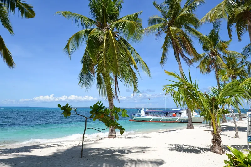 Plage de sable blanc avec cocotiers et bateau en mer turquoise