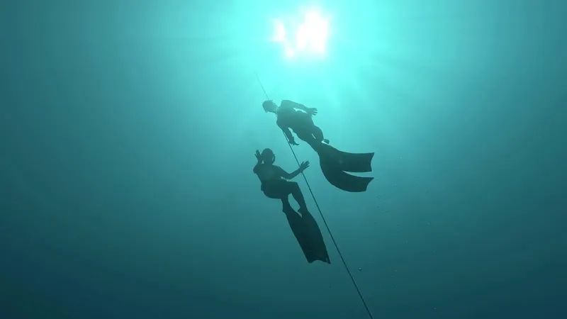 Deux plongeurs en apnée descendent le long d'un câble vertical