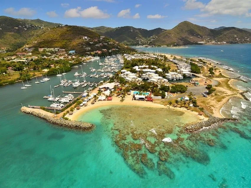 Vue aérienne d'une marina tropicale avec des bateaux et une plage