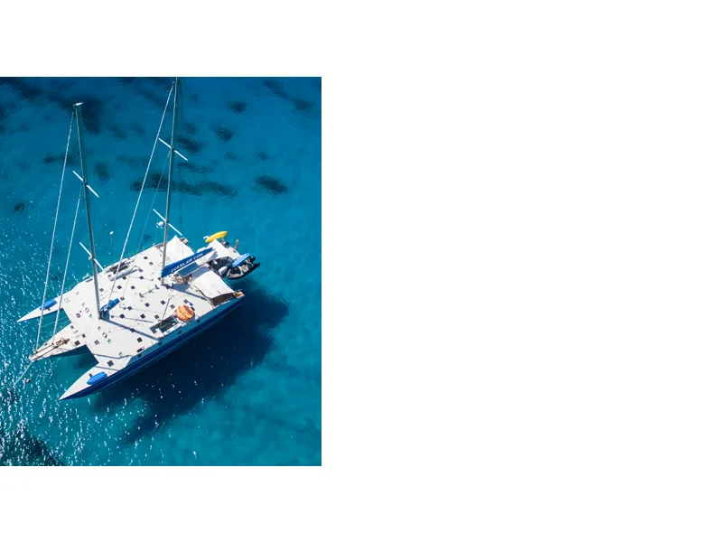 Catamaran blanc et bleu naviguant sur une mer turquoise claire