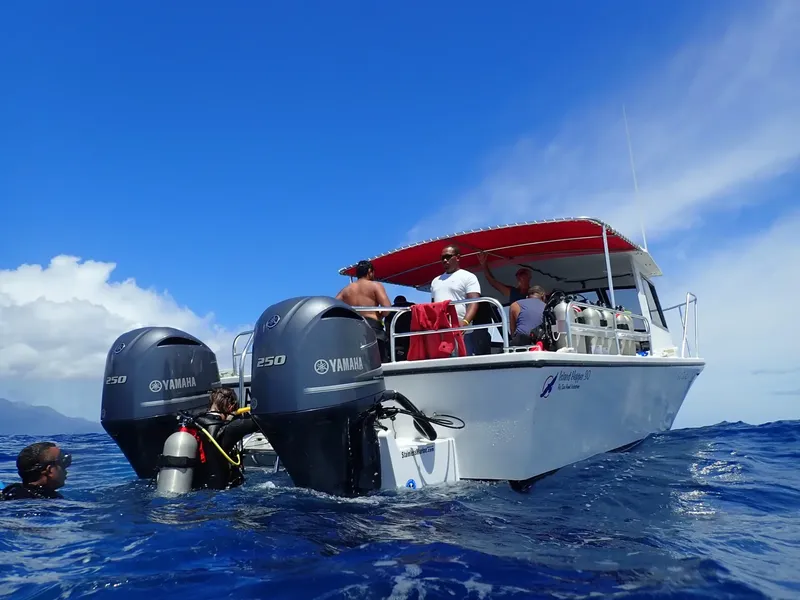 Bateau de plongée avec des passagers et un plongeur en préparation