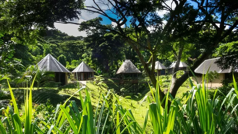 Cabanes traditionnelles au toit de chaume dans un paysage tropical luxuriant