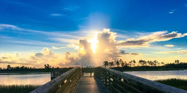 Passerelle en bois sur un plan d'eau au coucher du soleil