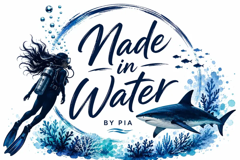 Plongeuse et requin dans un style aquarelle, bulles et coraux