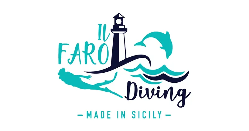 Logo avec un phare, un plongeur, un dauphin et des vagues bleues
