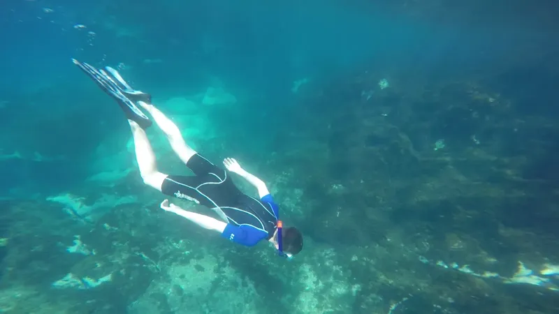 Apnée : un plongeur nage en surface dans une eau turquoise claire