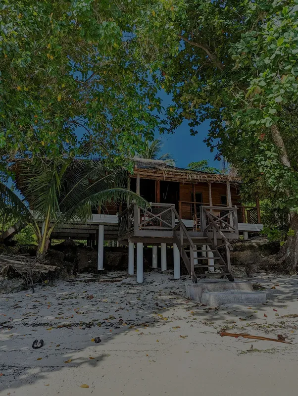 Cabane en bois sur pilotis, plage de sable blanc, végétation tropicale