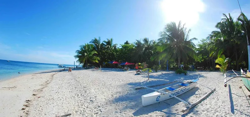 Plage de sable blanc avec des palmiers et des bateaux à l'horizon