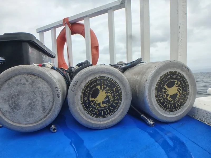 Bouteilles de plongée grises alignées sur le pont d'un bateau