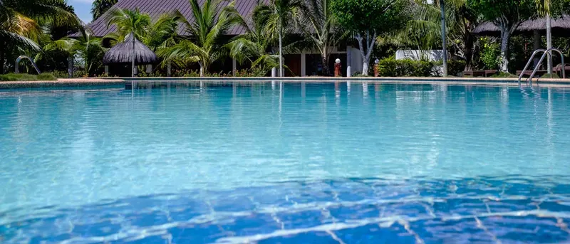 Vue d'une piscine avec des bâtiments et végétation tropicale en arrière-plan