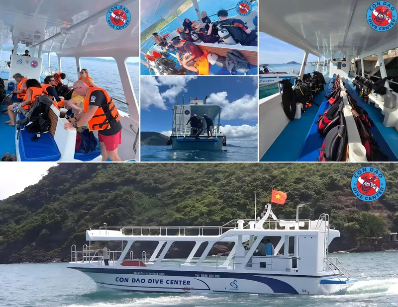 Plongeurs en préparation sur un bateau bleu et blanc en mer