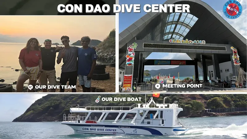 Montage photo : équipe de plongée, bâtiment du centre et bateau
