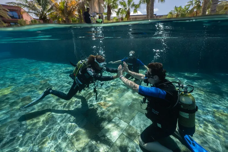 Deux plongeurs se donnent un high-five sous l'eau dans une piscine