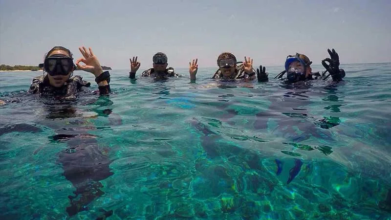 Quatre plongeurs souriants font des signes de la main dans l'eau