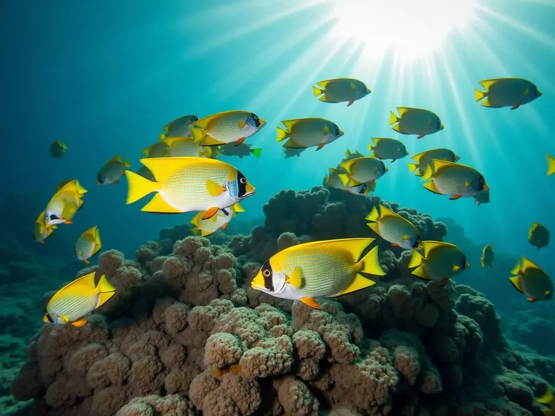 Banc de poissons jaunes nageant autour d'un récif corallien ensoleillé