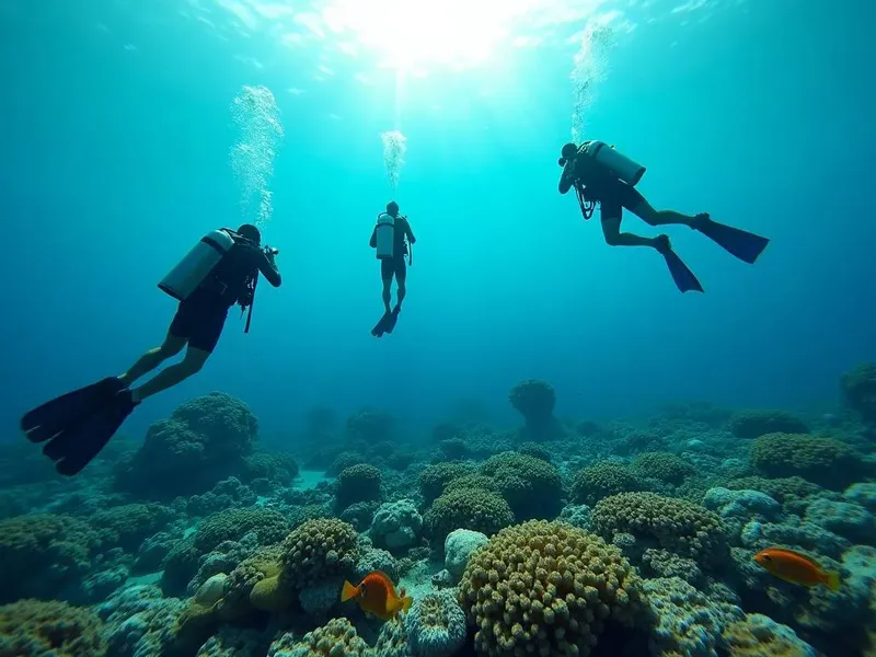 Trois plongeurs explorent un récif corallien avec des poissons colorés
