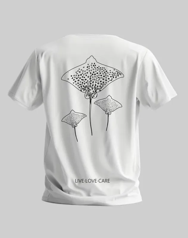 T-shirt blanc avec illustration de raies manta, message Live Love Care