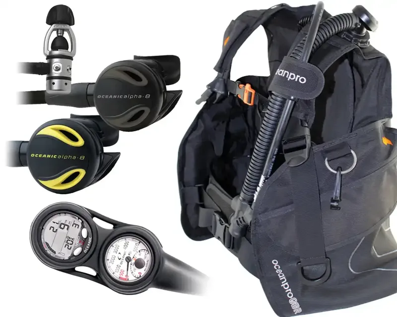 Equipement de plongée complet : détendeur, gilet, ordinateur et détendeur secondaire