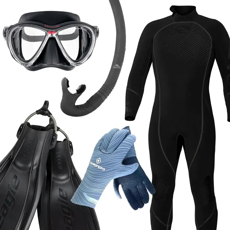 Equipement de plongée complet : masque, tuba, palmes, combinaison et gants