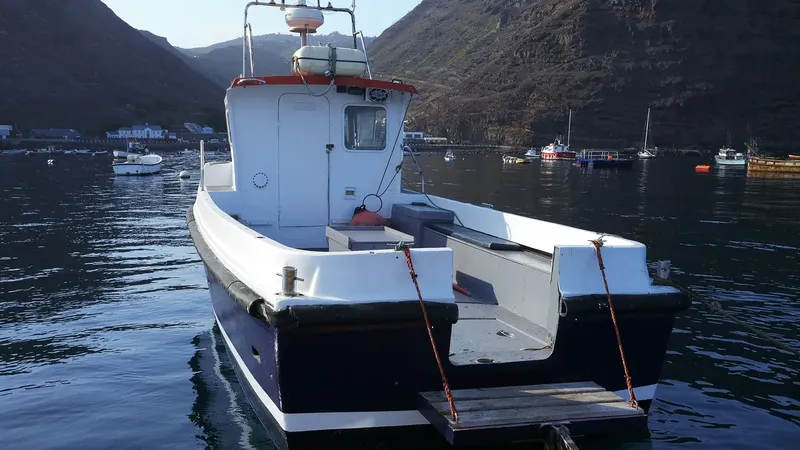Bateau de plongée amarré dans un port abrité par des montagnes