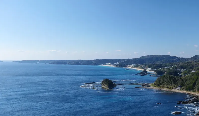 Vue aérienne d'une côte rocheuse avec une plage et des bâtiments