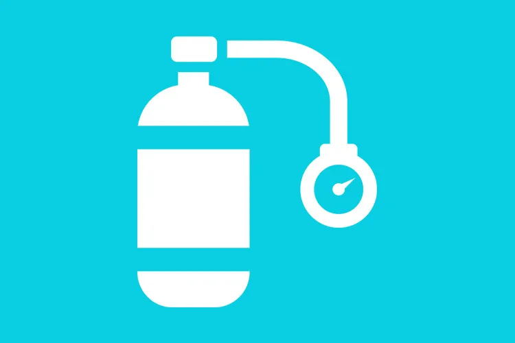 Bouteille de plongée et manomètre, illustration vectorielle sur fond turquoise