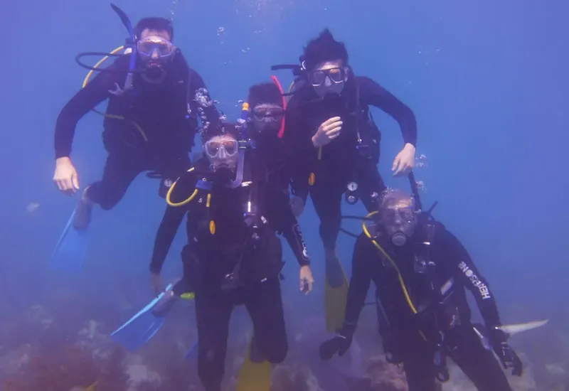 Groupe de plongeurs souriants en combinaison, masques et détendeurs sous l'eau
