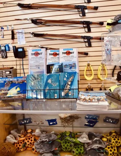 Boutique de plongée avec des fusils de pêche, brochures et peluches marines
