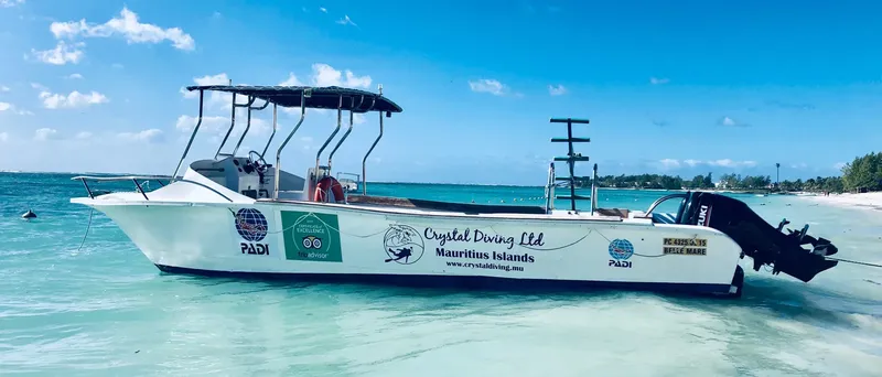 Bateau de plongée blanc amarré sur une plage turquoise ensoleillée