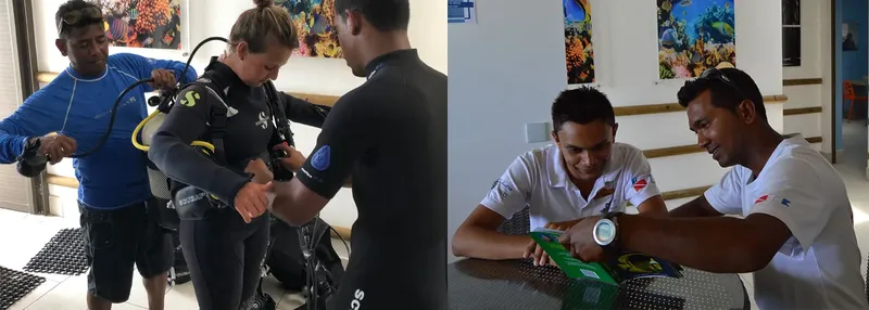 Préparation de l'équipement de plongée et discussion avec des instructeurs