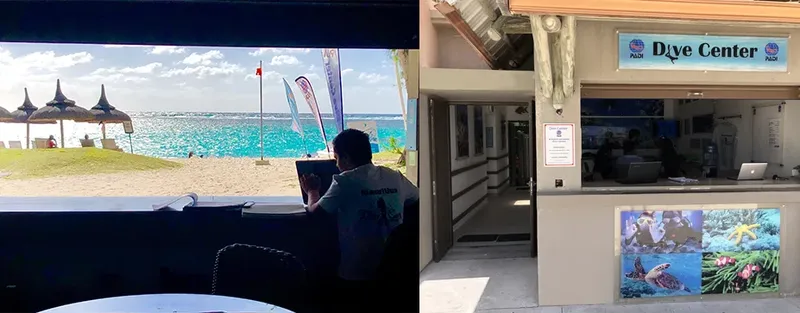 Personne travaillant sur ordinateur avec vue sur plage et mer turquoise