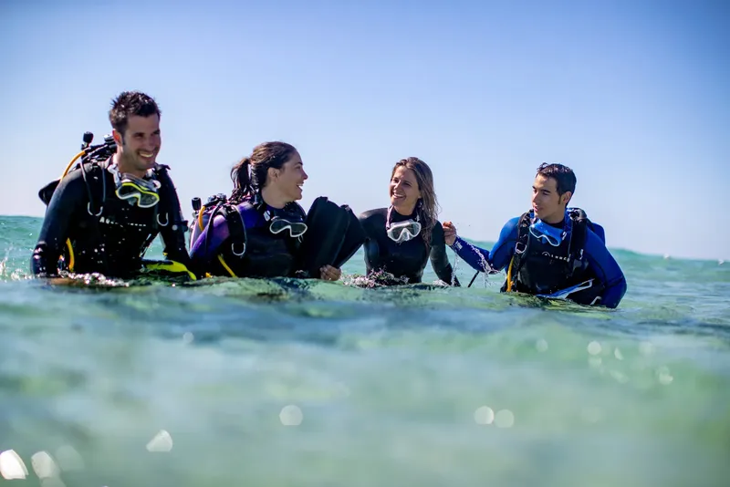 Quatre plongeurs souriants en combinaison discutent dans l'eau turquoise