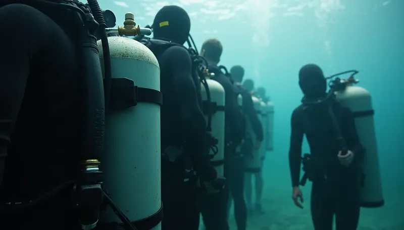 Plongeurs en formation, équipement visible, ambiance sous-marine turquoise