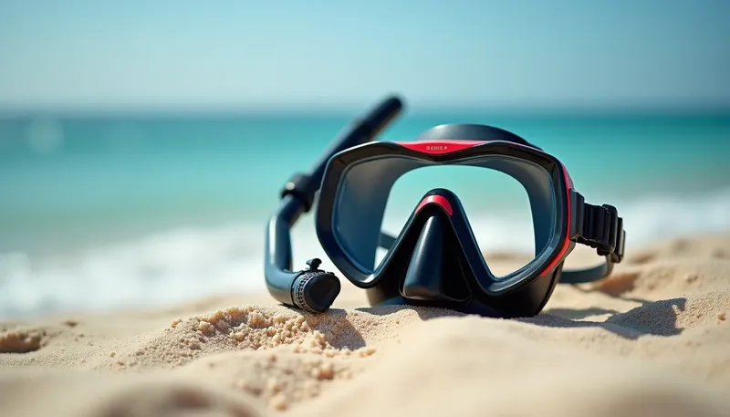 Masque et tuba noirs et rouges sur sable, mer turquoise floue