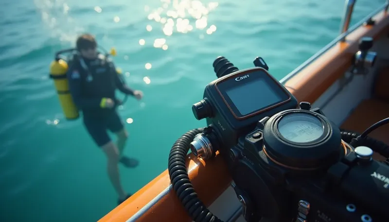 Plongeur s'apprêtant à entrer dans l'eau depuis un bateau orange