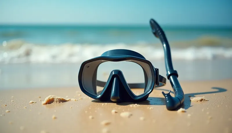 Masque et tuba noirs sur sable, mer calme en arrière-plan