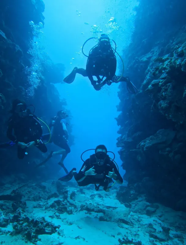 Plongeurs explorent une fissure rocheuse sous-marine, lumière bleue, visibilité