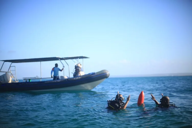 Plongeurs en surface près d'un bateau semi-rigide sous un ciel bleu