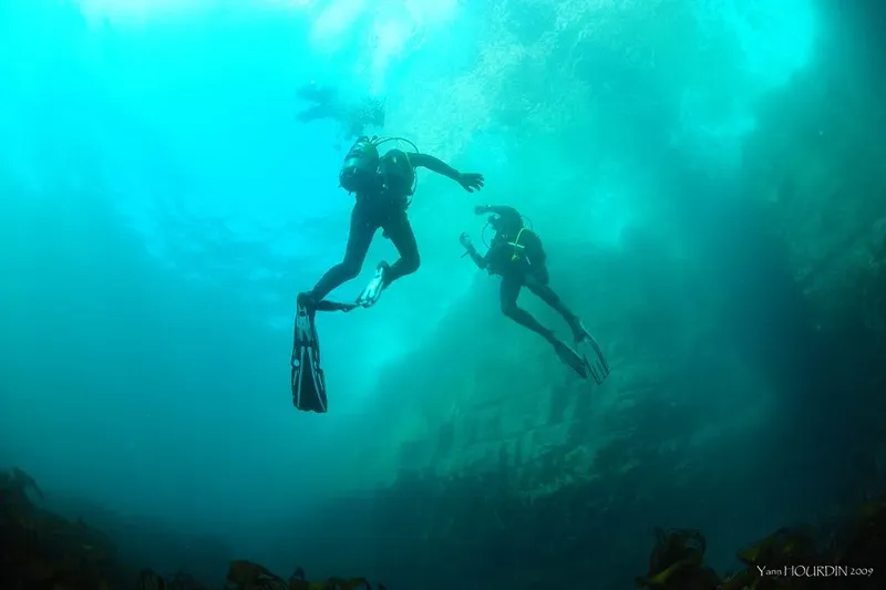 Deux plongeurs explorent un récif sous-marin dans une eau turquoise claire
