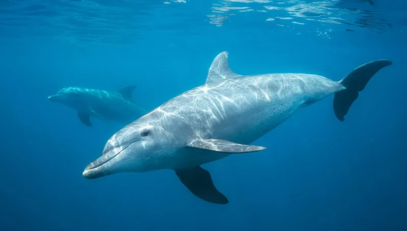 Deux dauphins nagent dans une eau bleue claire et limpide