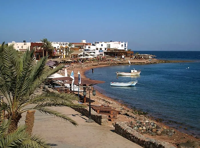 Vue d'une plage avec des bâtiments, des bateaux et des palmiers