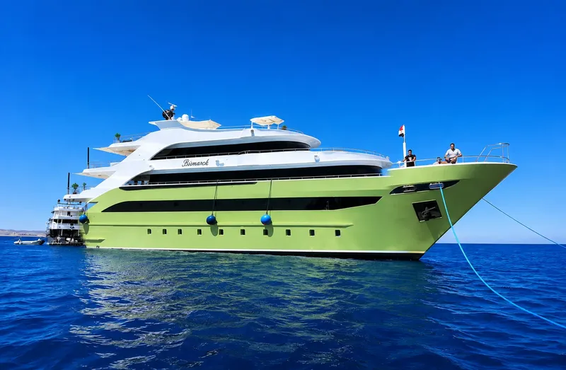 Grand bateau de croisière vert et blanc sur mer bleue dégagée