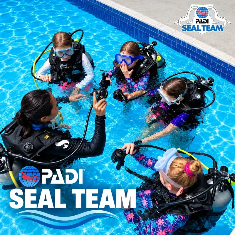 Quatre plongeurs en formation PADI Seal Team dans une piscine