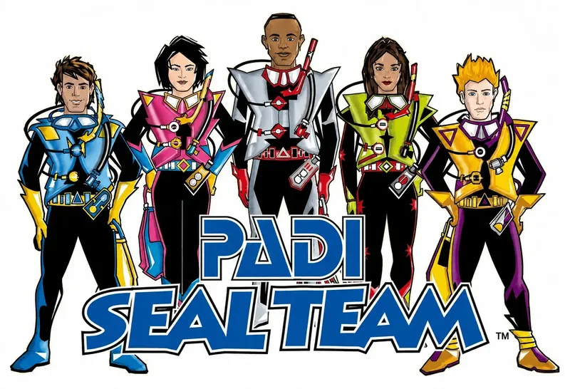 Cinq jeunes plongeurs équipés devant le logo PADI Seal Team