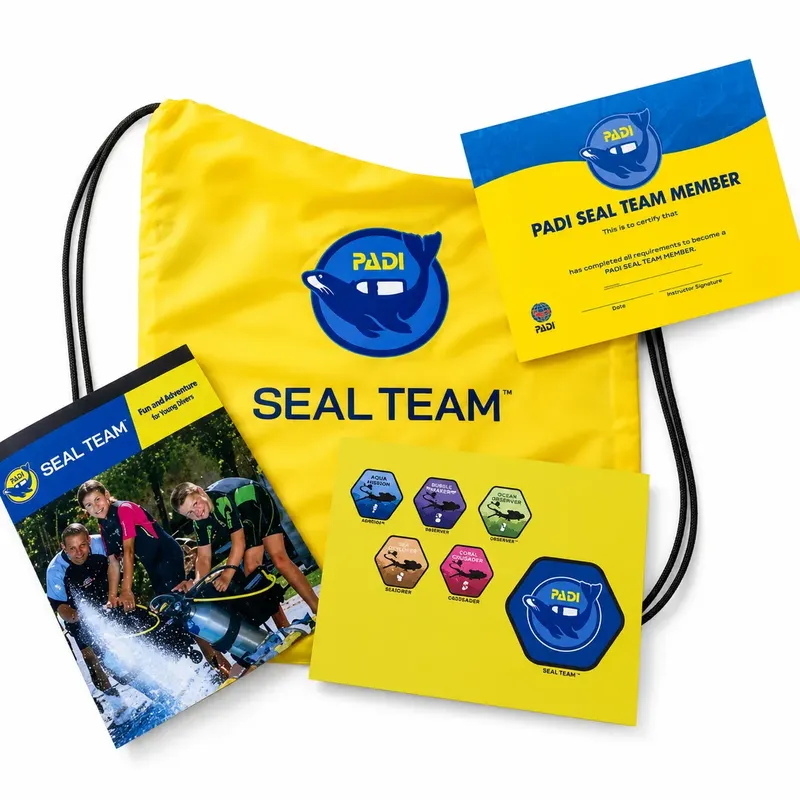 Certificat PADI Seal Team, sac à dos et badges pour jeunes plongeurs