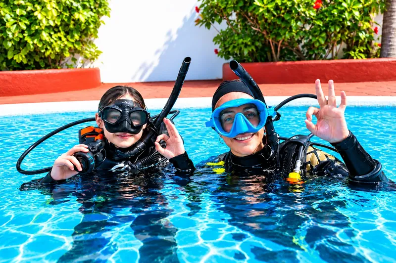 Deux plongeuses souriantes en équipement complet dans une piscine