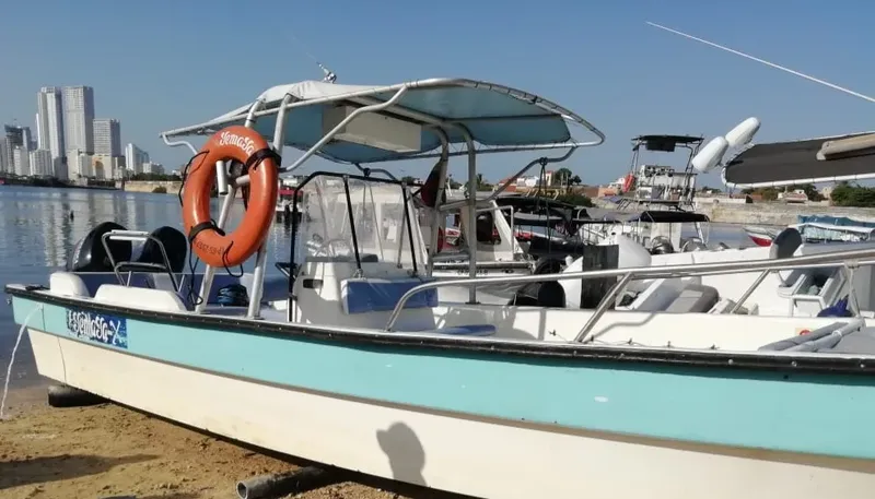 Bateau de plongée turquoise amarré sur une plage ensoleillée avec des bâtiments