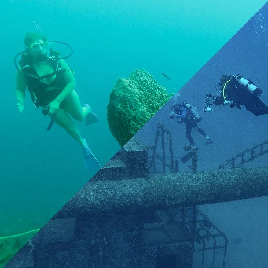 Deux plongeurs explorent une épave sous-marine dans l'eau bleue